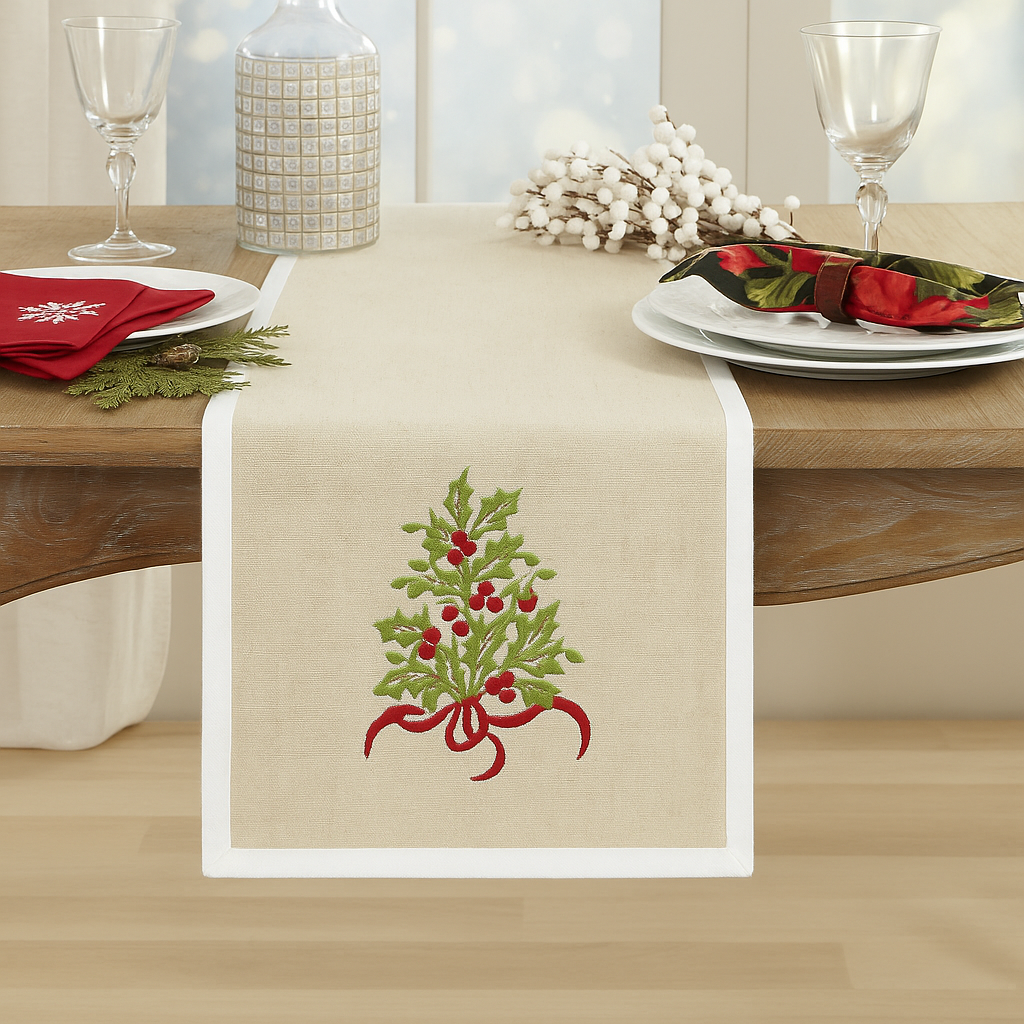 TBL0002 - Natural and White Embroidered Holly Tree Table Runner