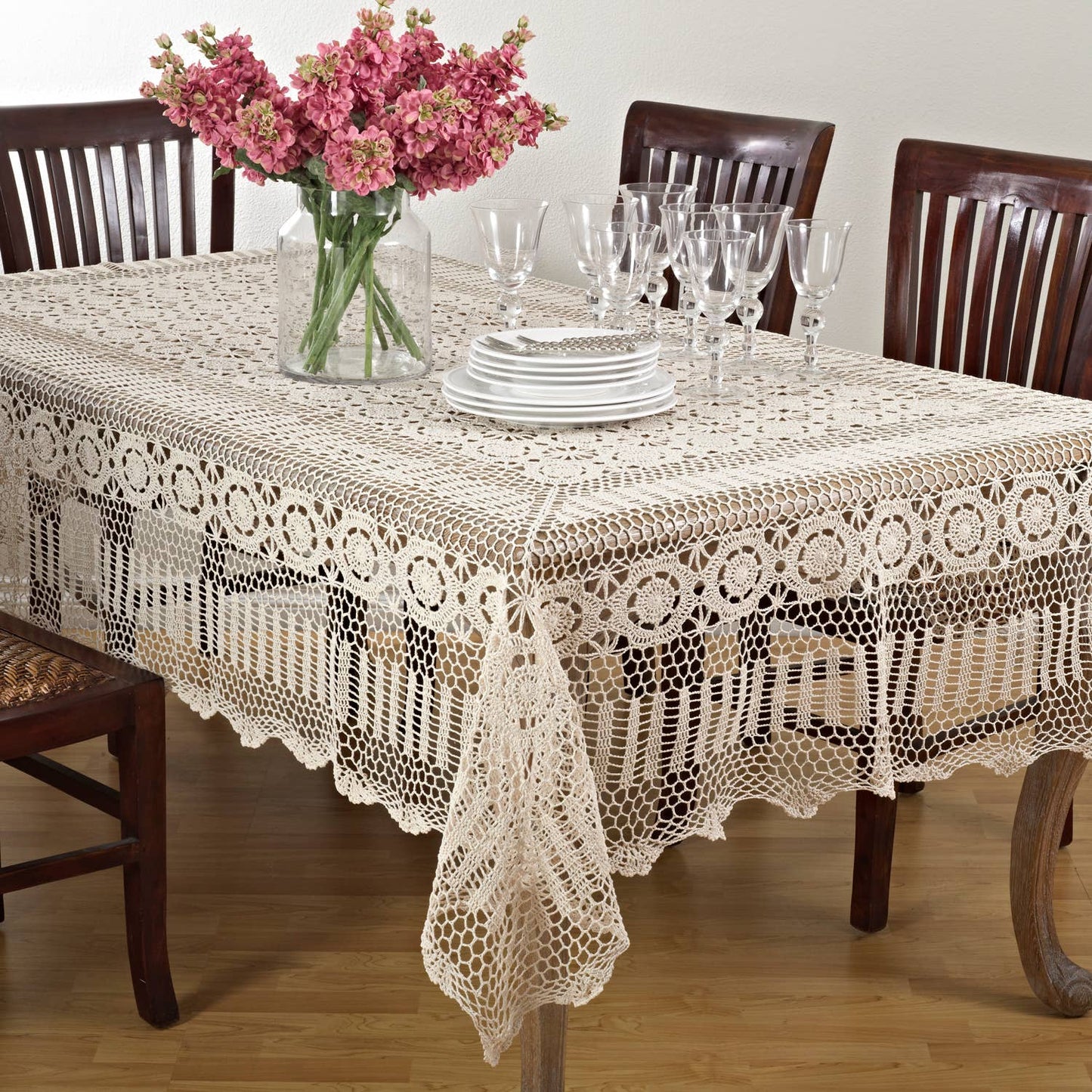 Beige Handmade Cotton Crochet Lace Tablecloth