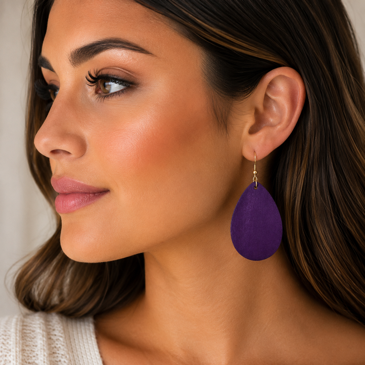 Purple Teardrop Wood Dangle Earrings
