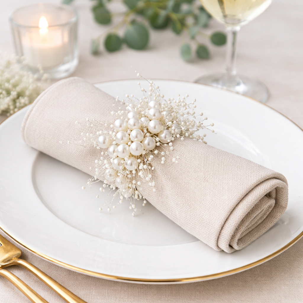 Hand-Beaded Ivory Faux Pearl Wreath Napkin Ring