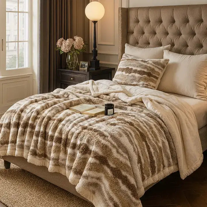 Beige Stripe Reversible Faux Fur Large Throw Blanket