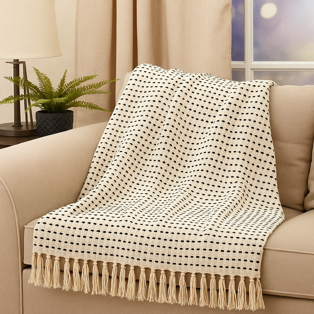 Ivory Stitch Line Cotton 50"x60" Throw Blanket