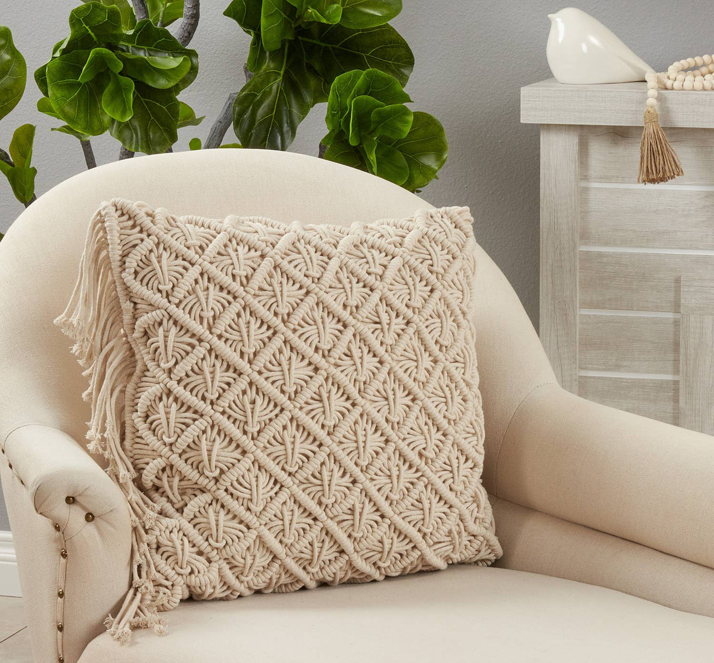 1120 - Natural Macramé Cotton 20" Throw Pillow