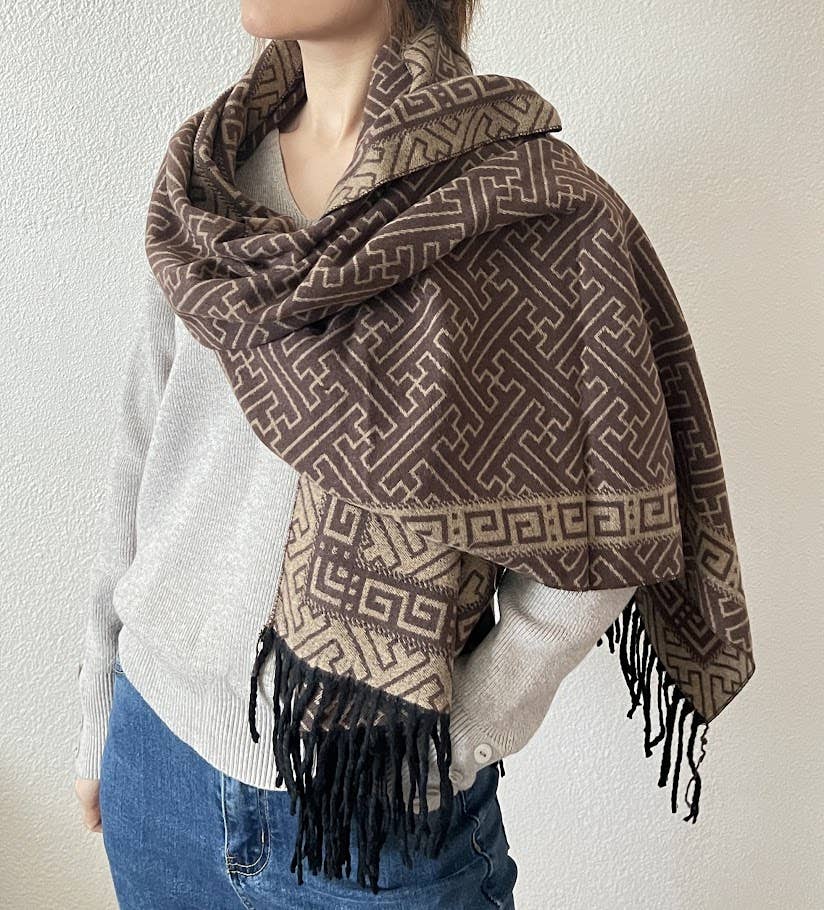 Brown-Beige Geo Maze Print Reversible Cashmere Wrap Scarf
