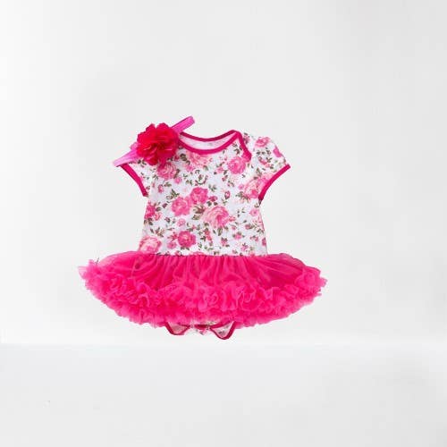 Fuchsia Flower Print Baby Romper Tutu Dress & Headband