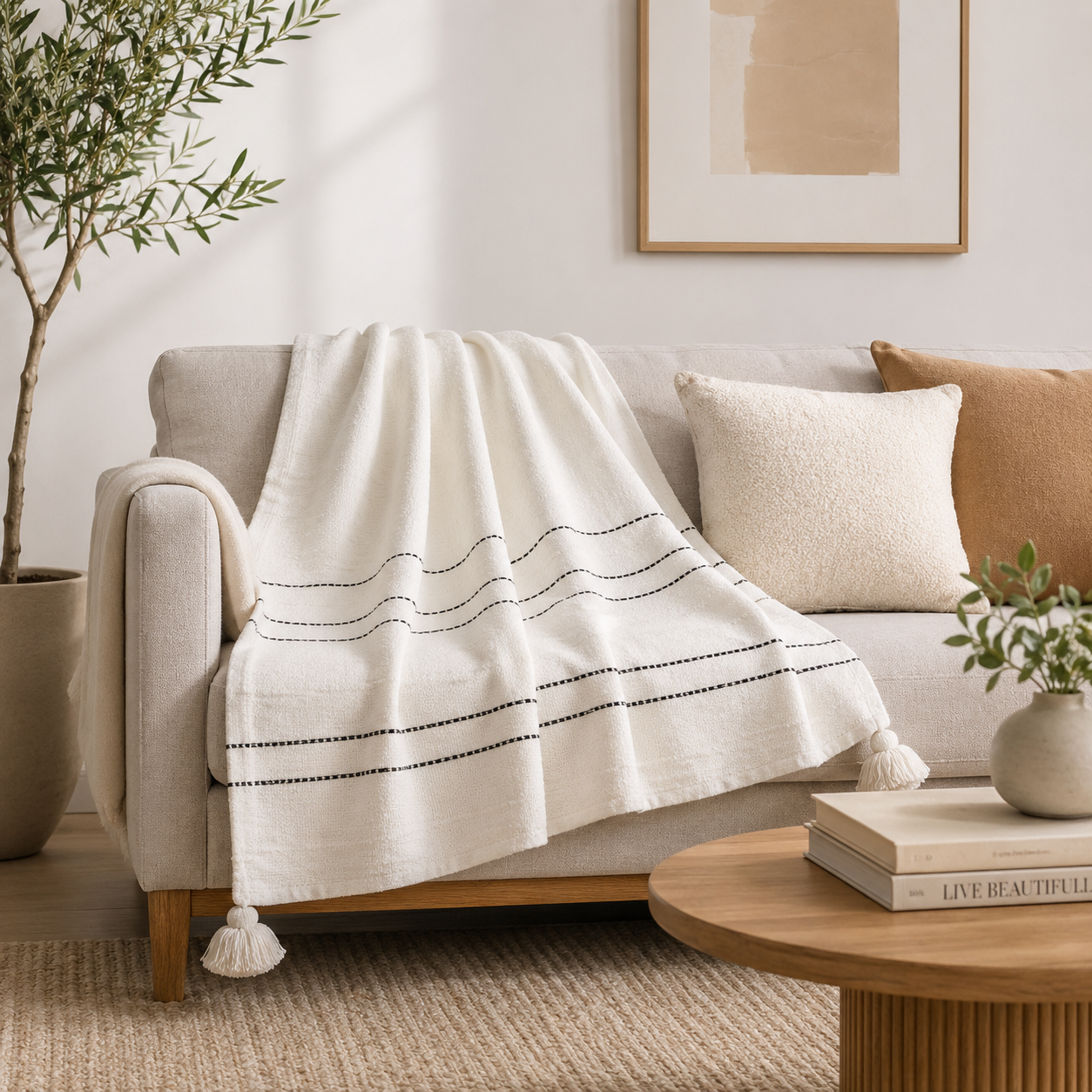 Chunky Tassel Stripe Cotton Ivory Throw Blanket - 50"X60"