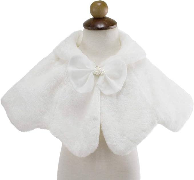 White Plush Faux Fur Girl Capelet with Bow
