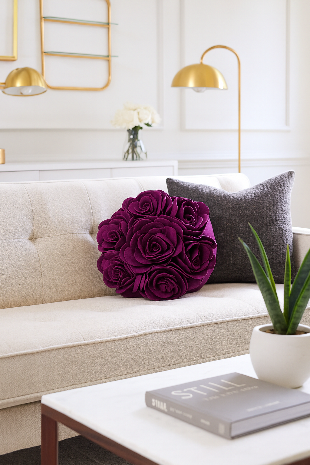 PLW0086 - Purple 3D Petals Rose 15" Throw Pillow