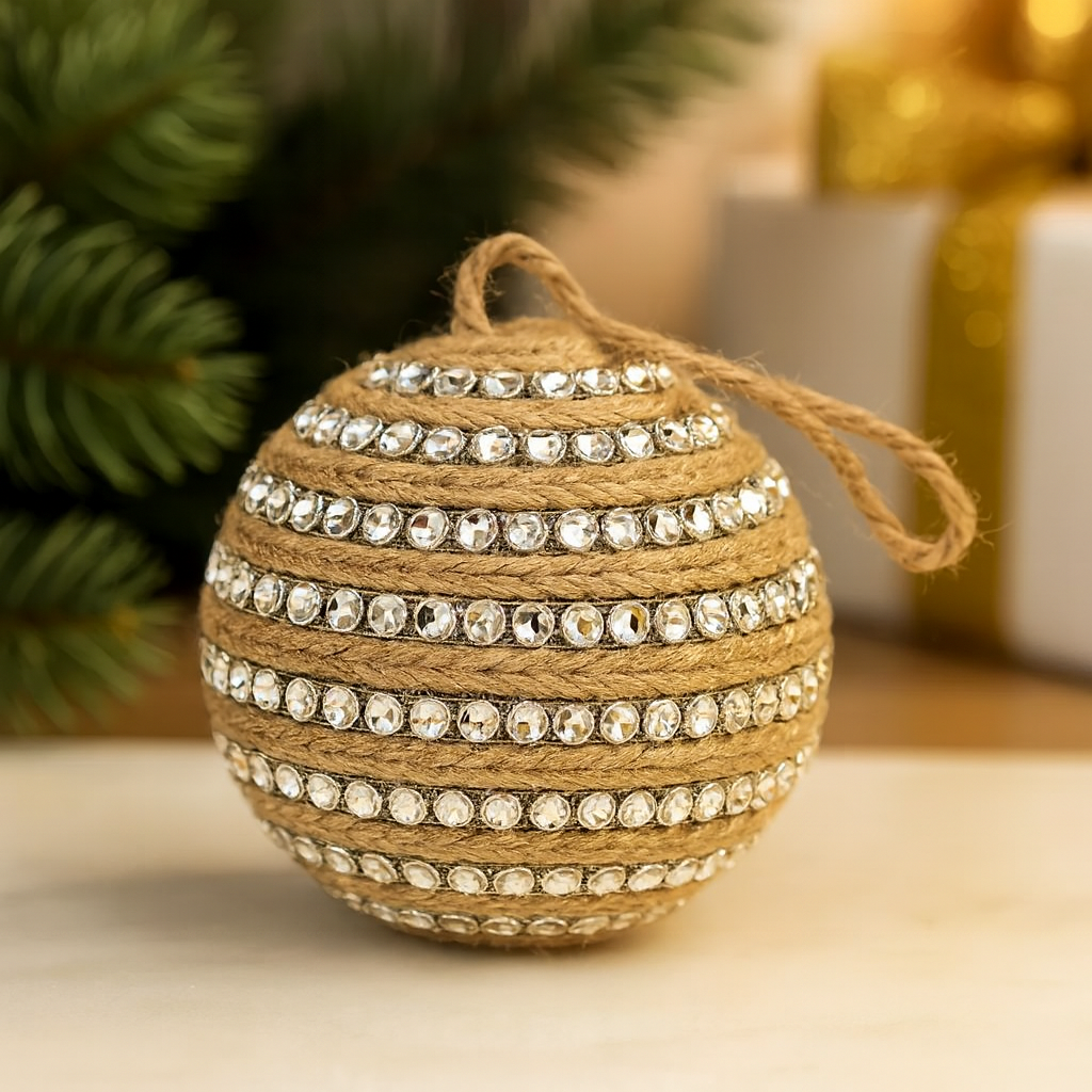 3" Rhinestones Jute Natural Ball Ornament