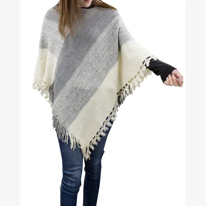 Ivory and Grey Color Block Fringe Poncho Sweater