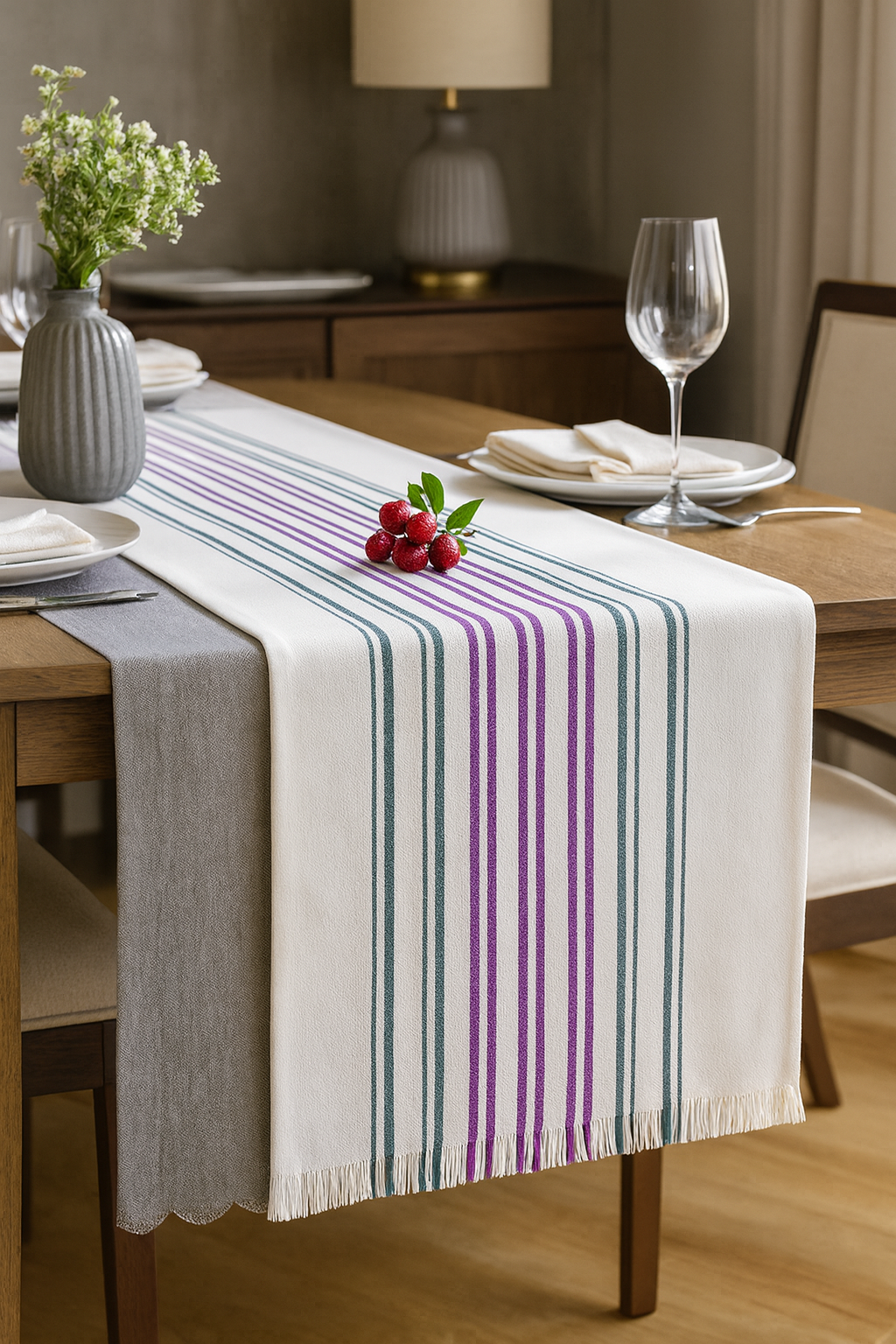 Purple Green Striped Cotton Table Runner