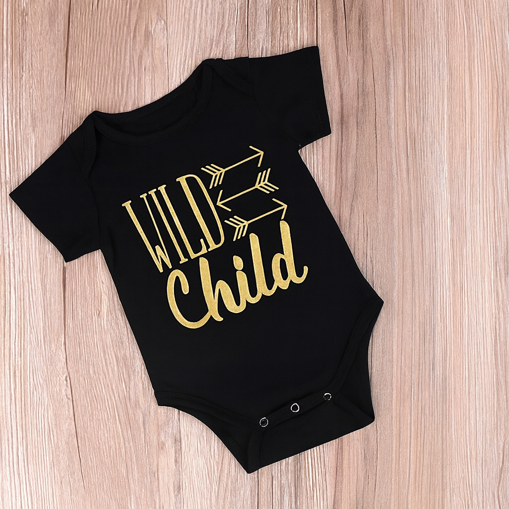 Gold "WILD Child" Print Black Cotton Baby Romper