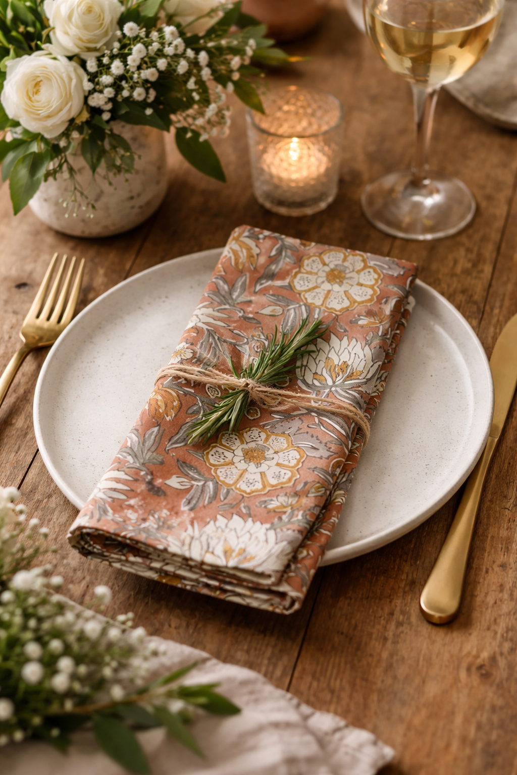 2925 - Rust Botanical Block Print Cotton 20" Dinner Napkin