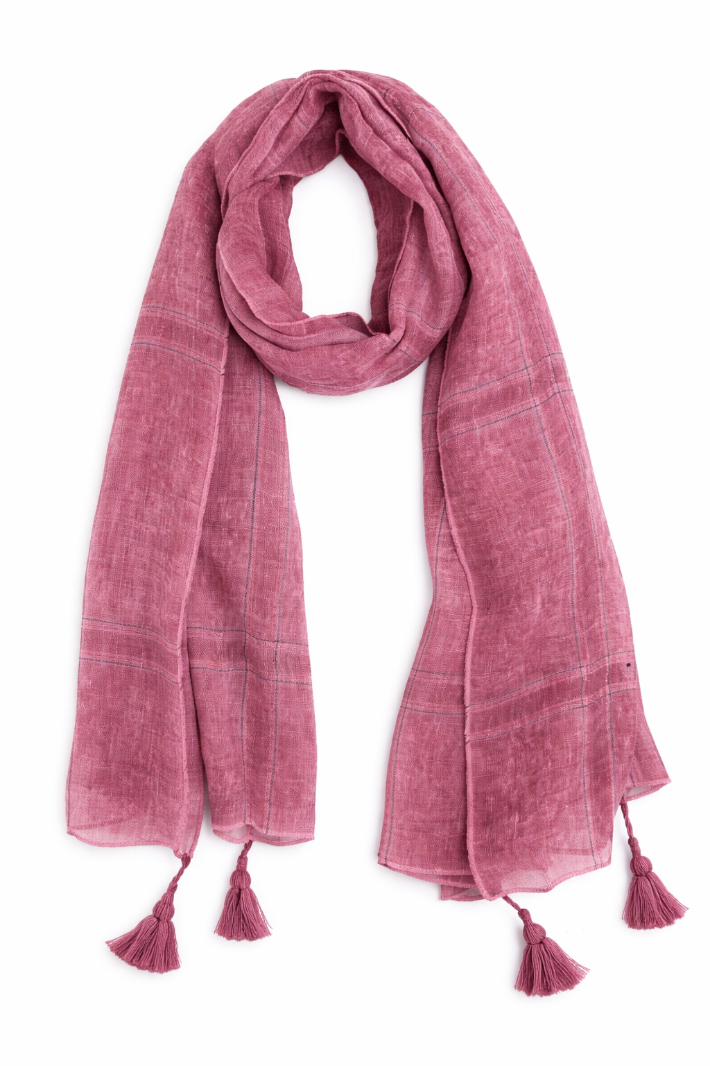 Rose Plaid Garment Dye Cotton Scarf with Tassels