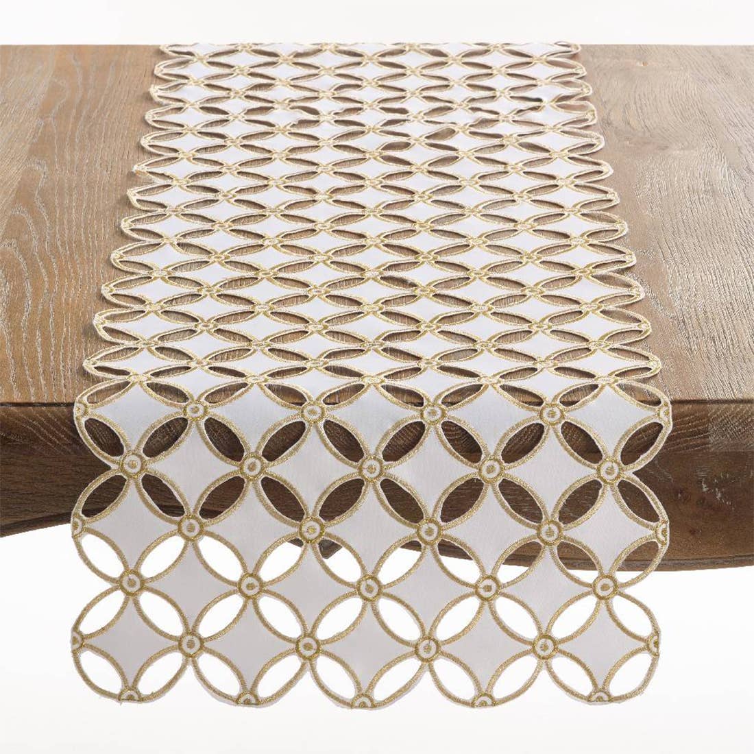 Gold White Cutwork 16x68 Table Runner