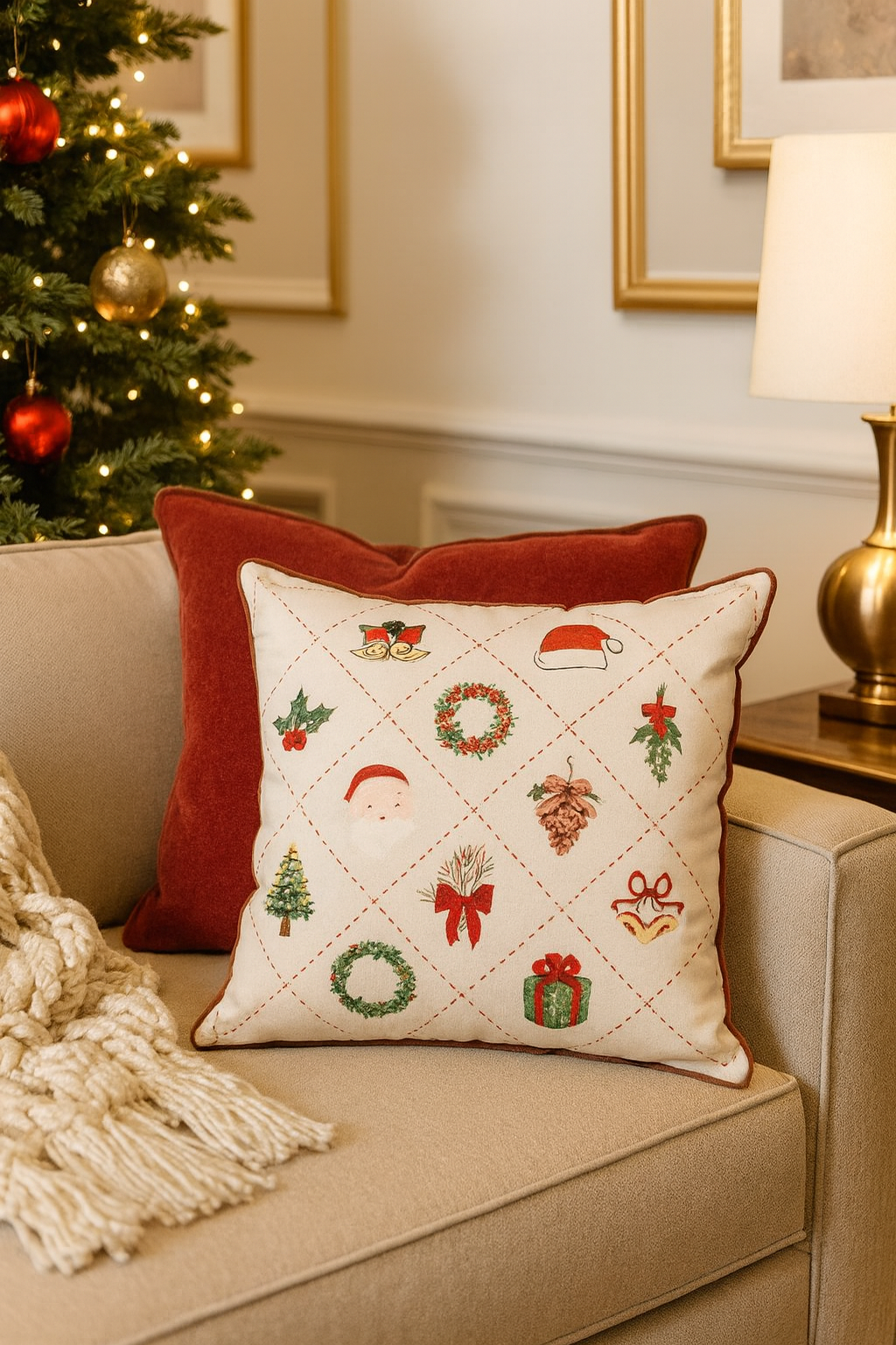 Christmas Design Velvet White 18"X18" Throw Pillow