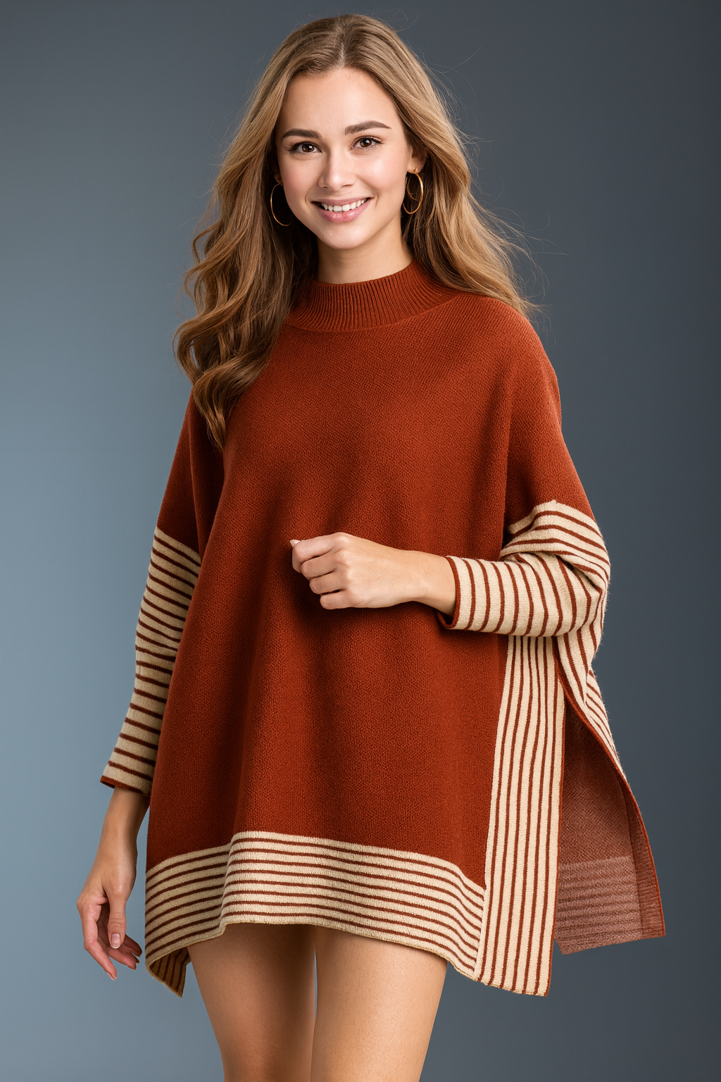 Brick Striped Knit Pullover Batwing Sleeve Poncho Sweater