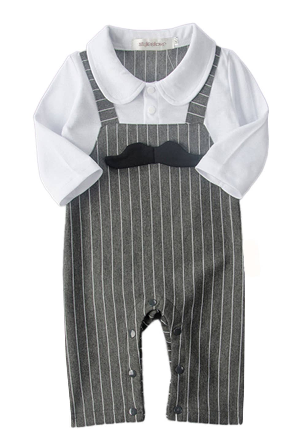 Grey & White Mustache Striped Baby Romper