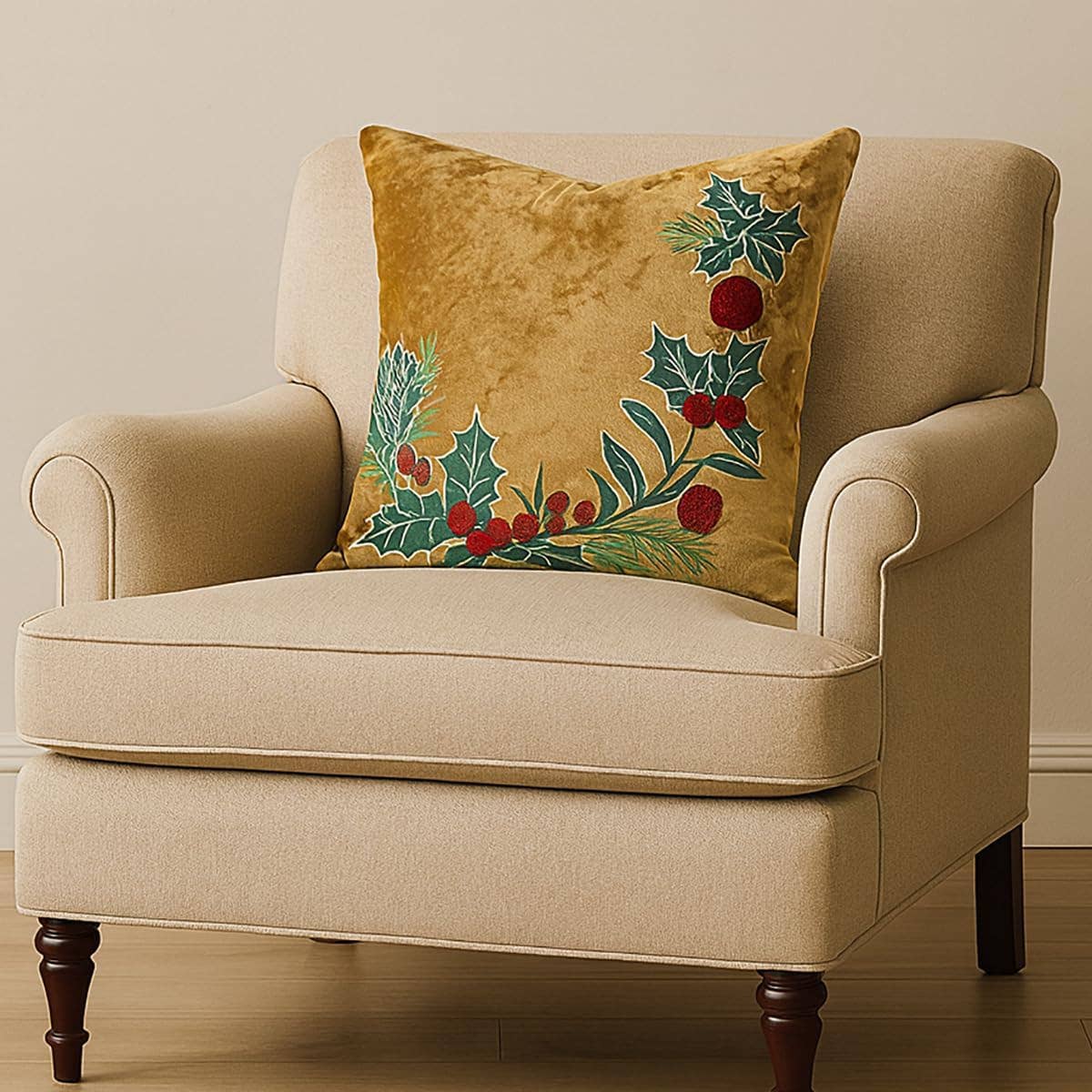 Gold Velvet Holiday Embroidery 18" Throw Pillow