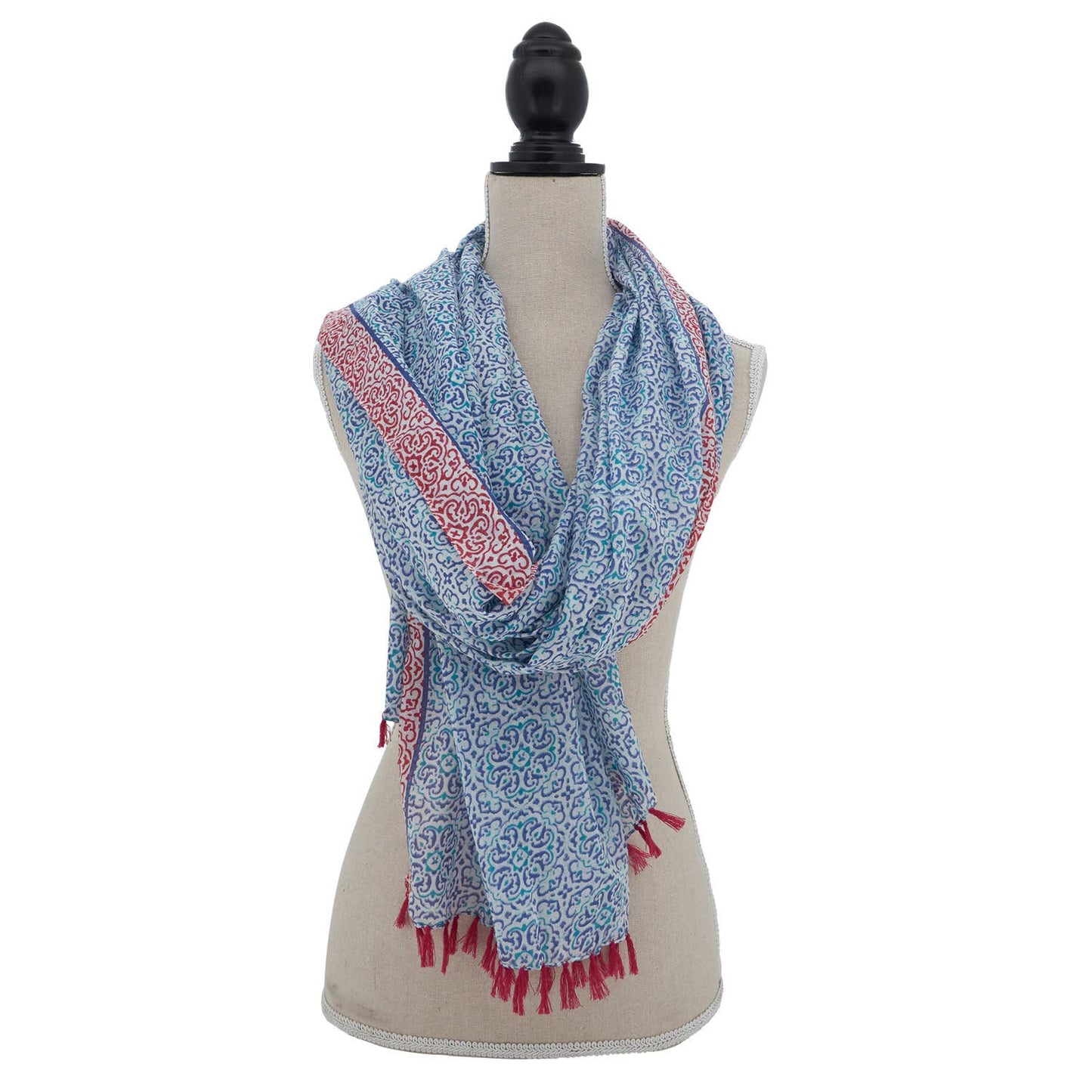 Blue Mosaic Tile Block Print Cotton Wrap Scarf