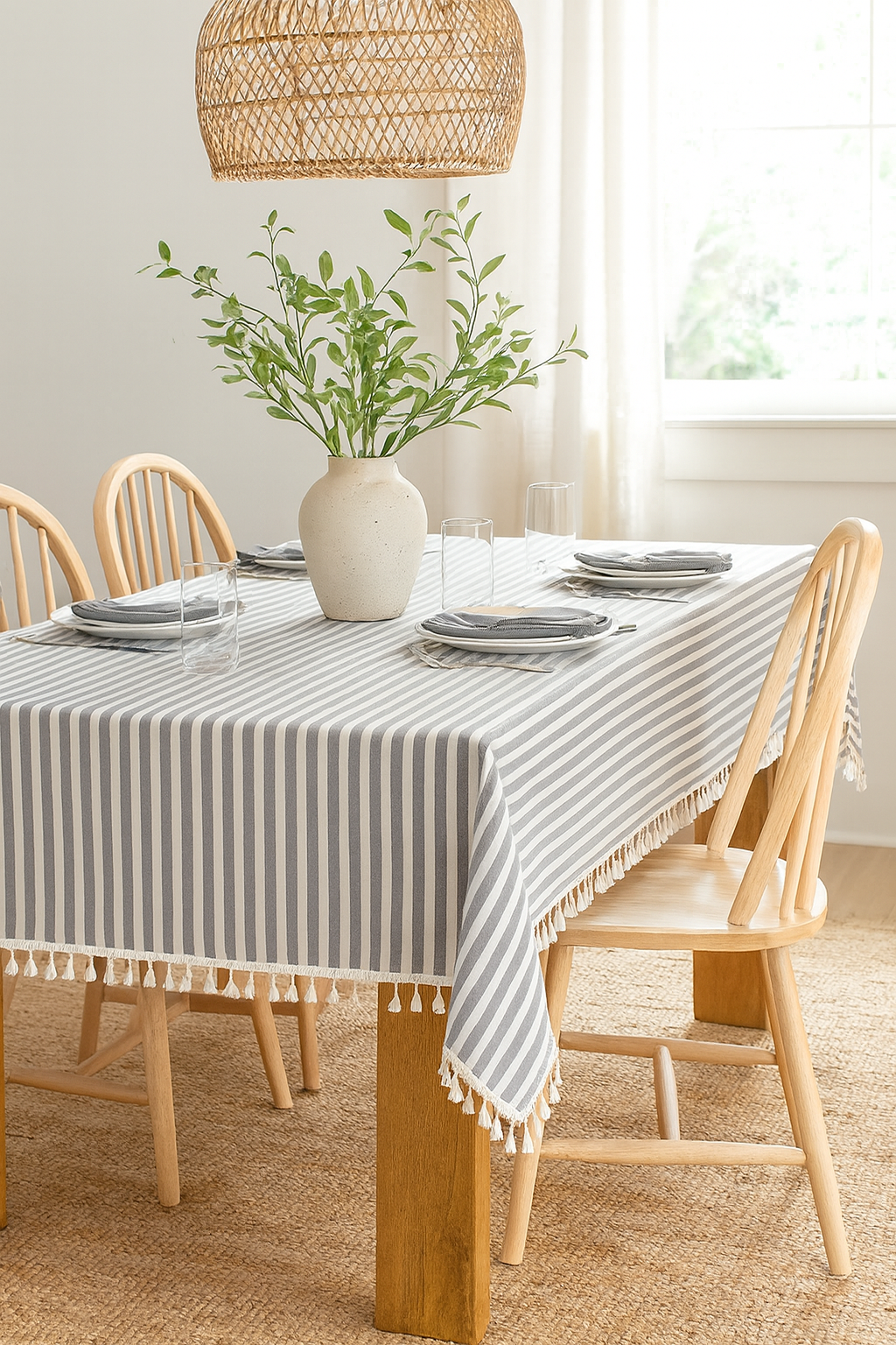 Grey Simply Striped Tasseled Cotton Blend Tablecloth