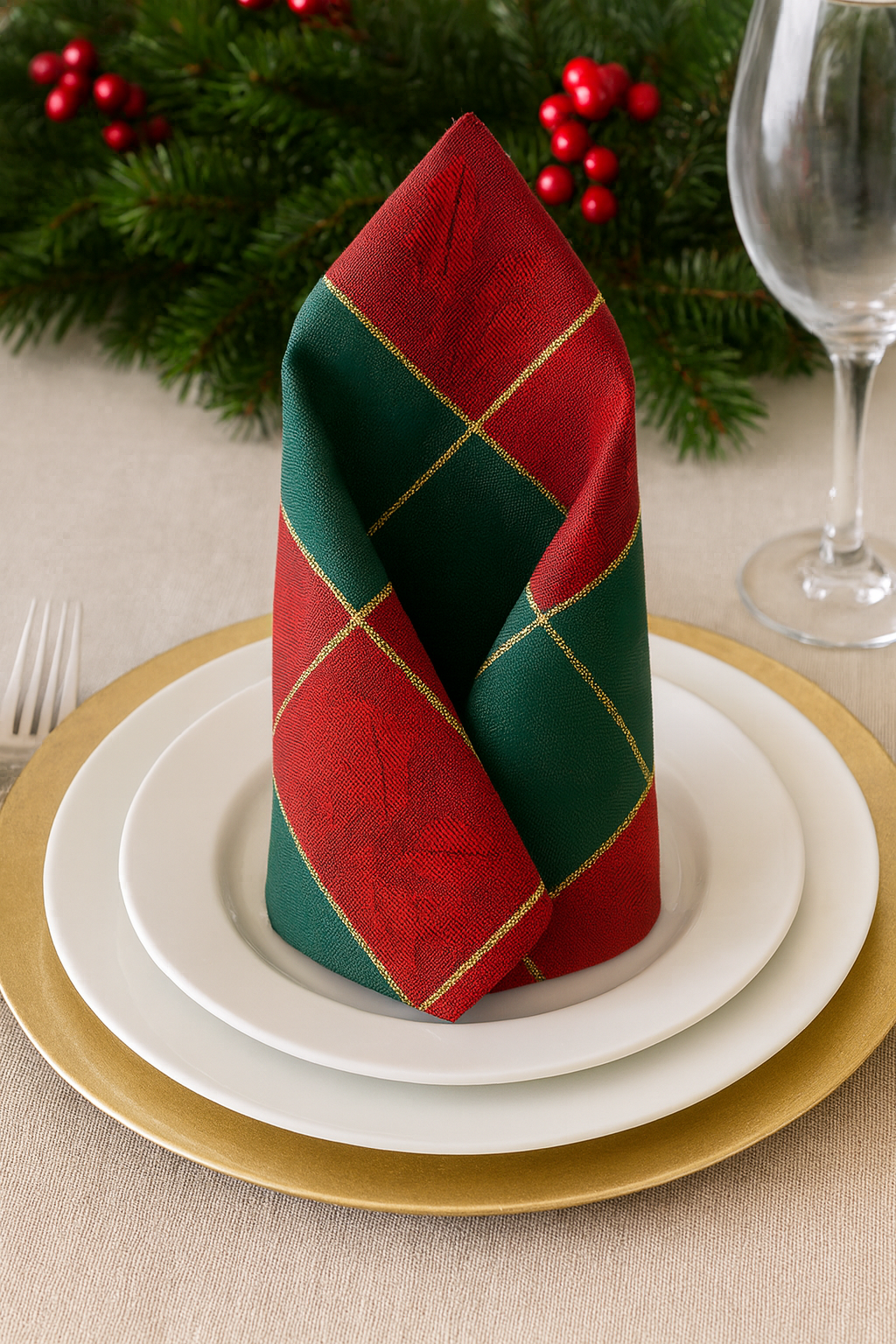 4837 - Classic Plaid Holly Print 20" Dinner Napkin