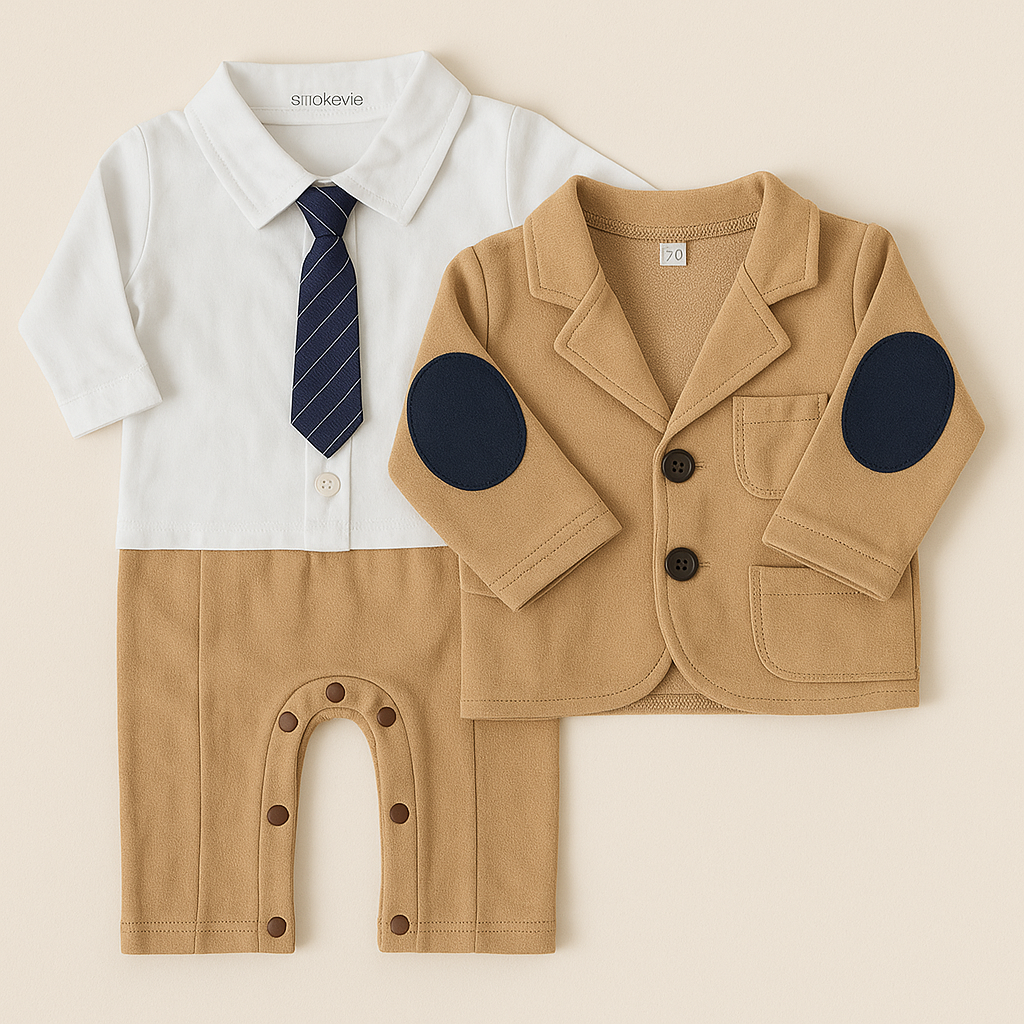 Khaki Elbow Patch Jacket and 3D Tie Romper Baby Outfit