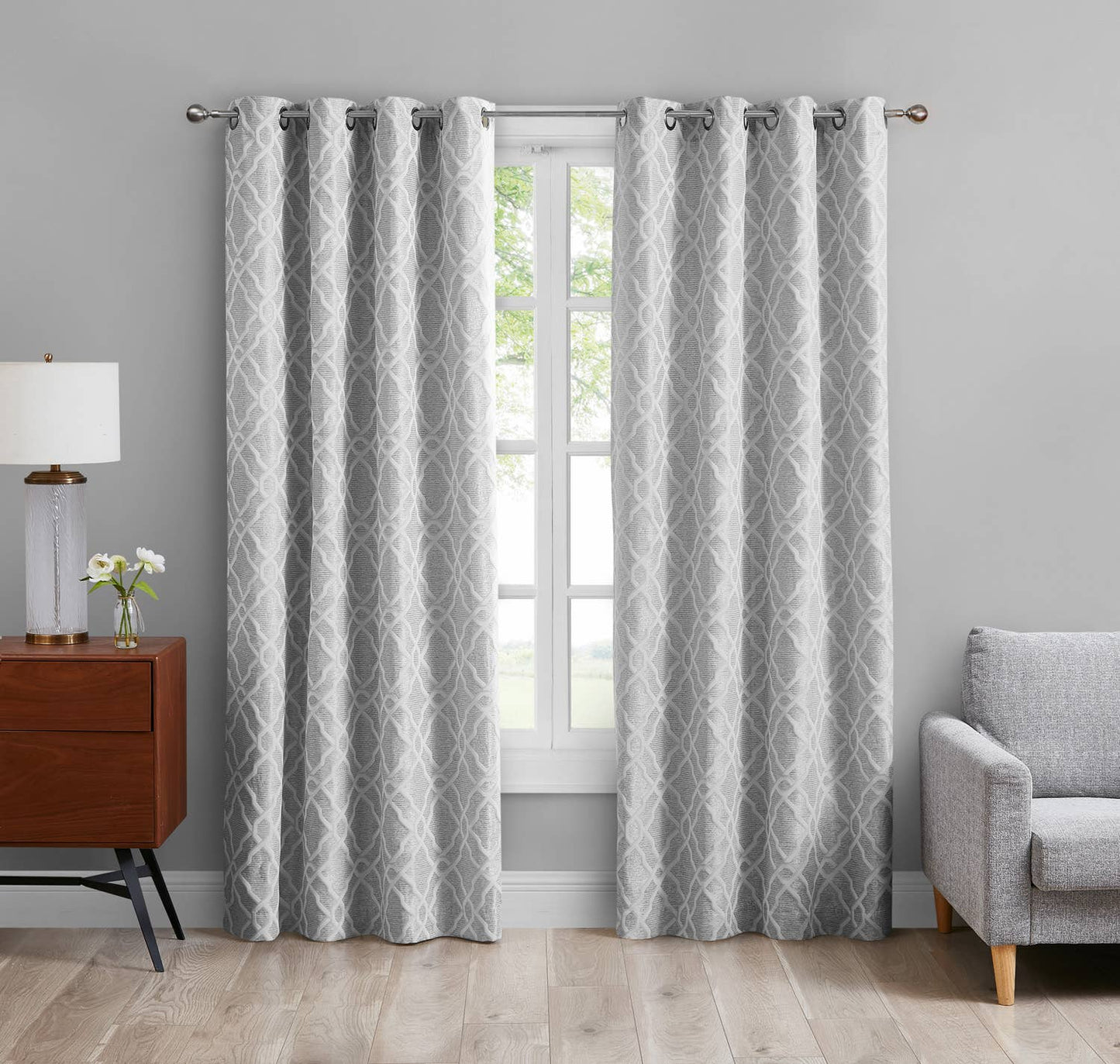 Set of Two Grey Jacquard 52"x108" Blackout Curtains