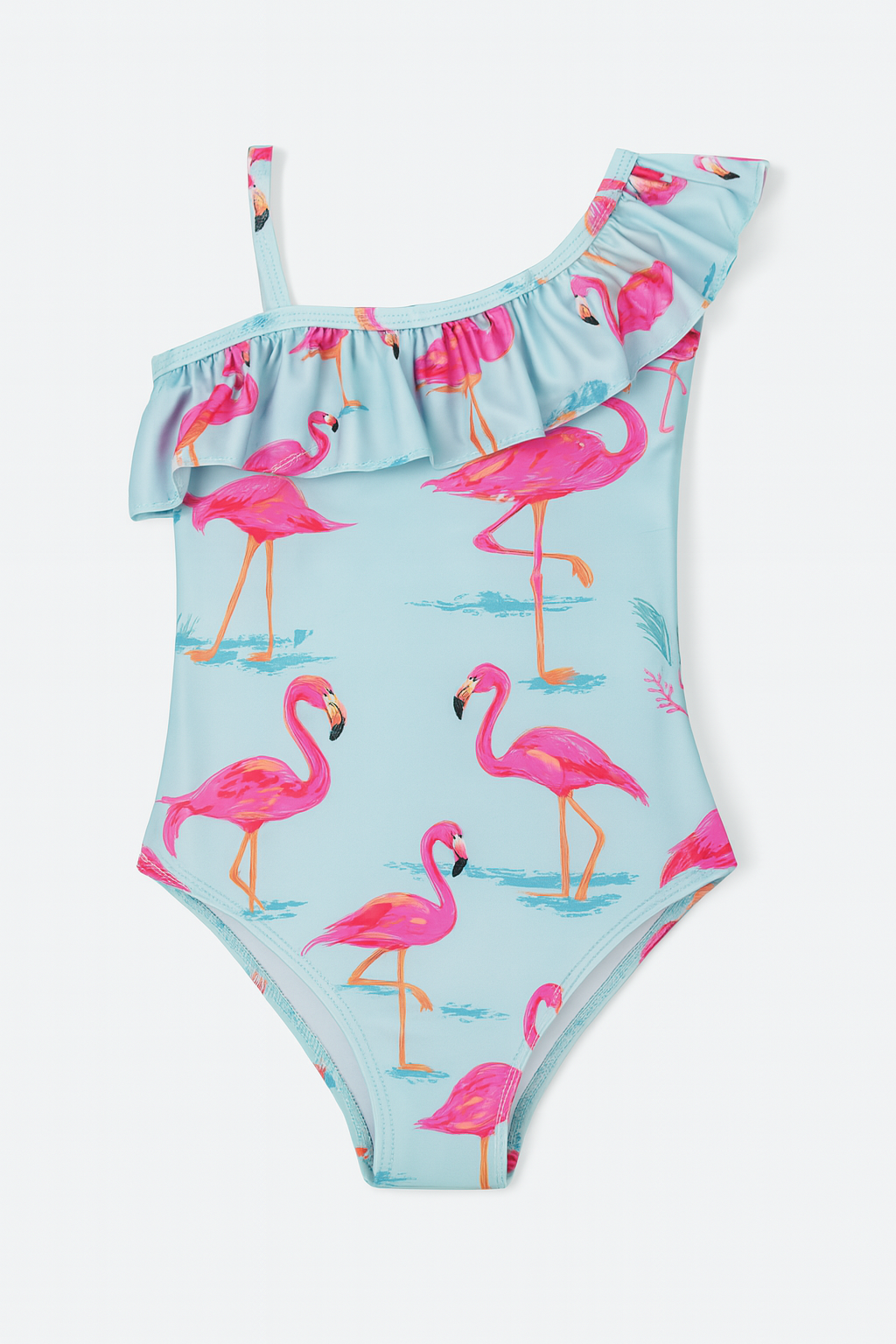 Pink Flamingo Blue Ruffled One-Piece Girl Swimsuit