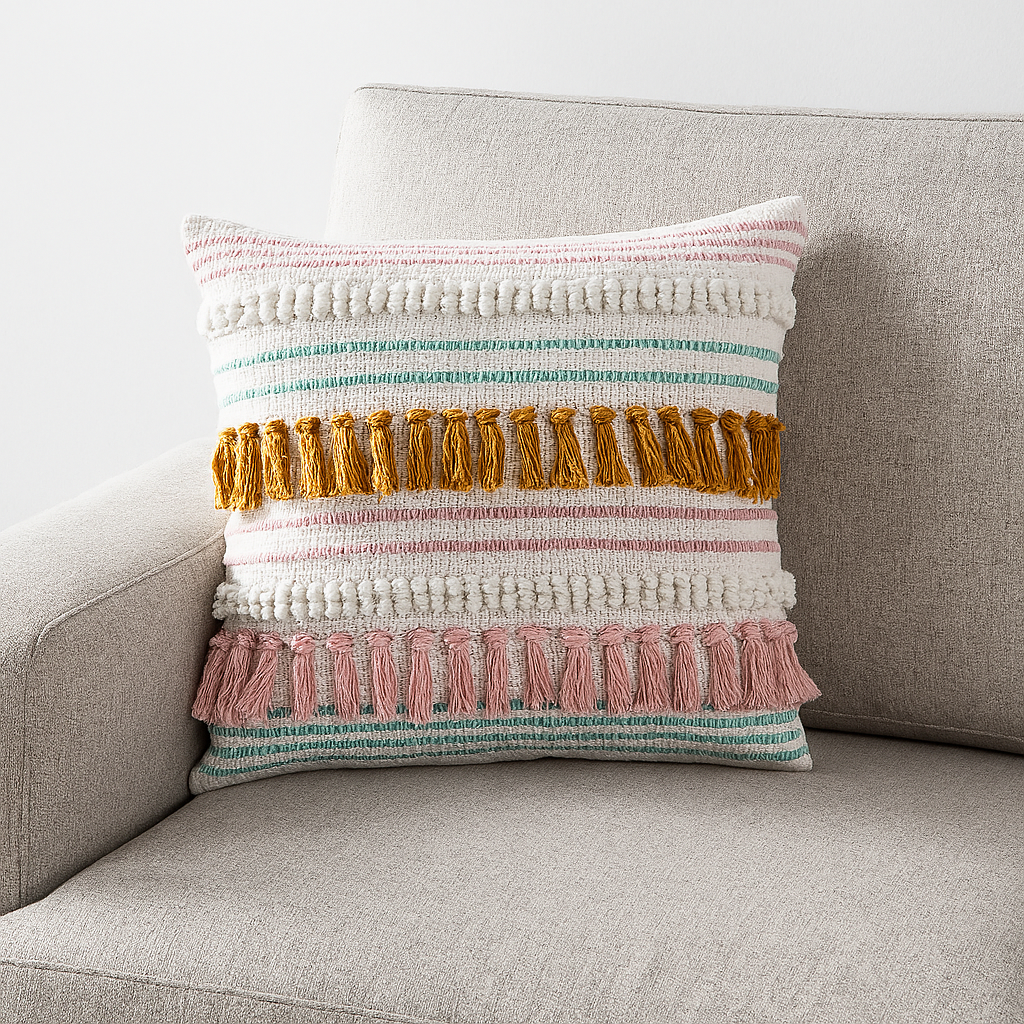 PLW0140 - Pink Boho Tasseled and Striped Woven 18" Throw Pillow