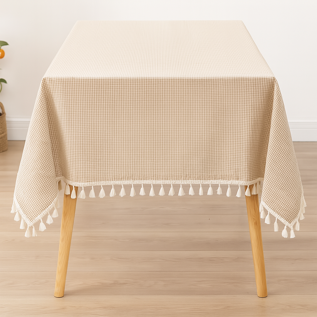 Beige Gingham Plaid Tasseled Cotton Tablecloth