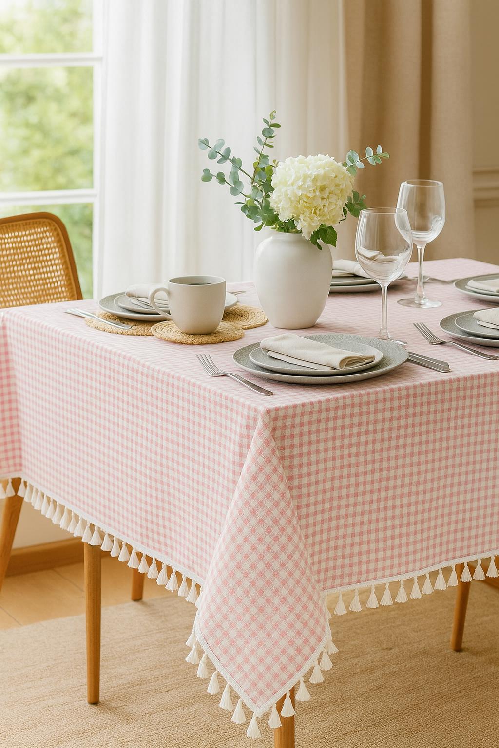 Pink Rustic Gingham Check Tasseled Cotton Blend Tablecloth