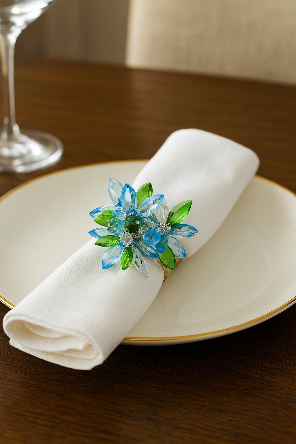 Unique Flower Petal Design Napkin Ring, Blue/Multi