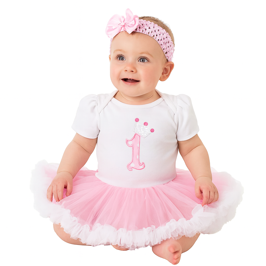 Pink-White 1st Year Romper Tutu Dress & Headband