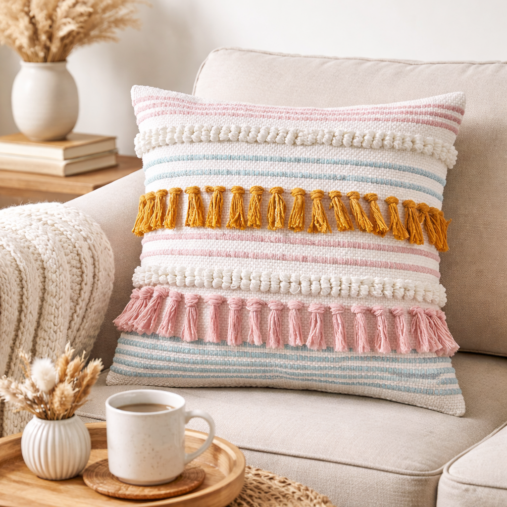 Pink Boho Tasseled and Striped Woven 18" Throw Pillow