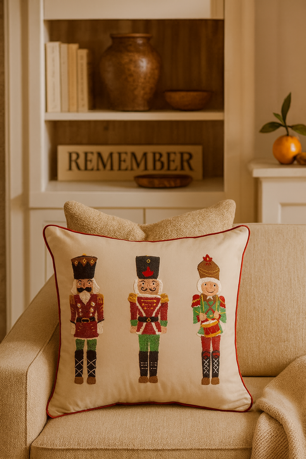 Ivory Embroidered Nutcrackers Velvet 18" Throw Pillow