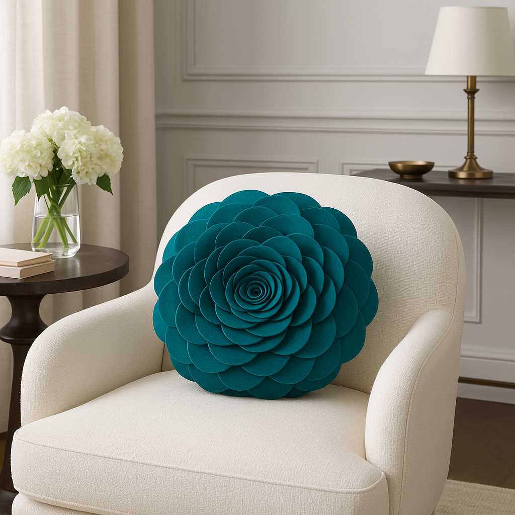 Teal 3D Rose Flower Petal Decorative Throw Pillow