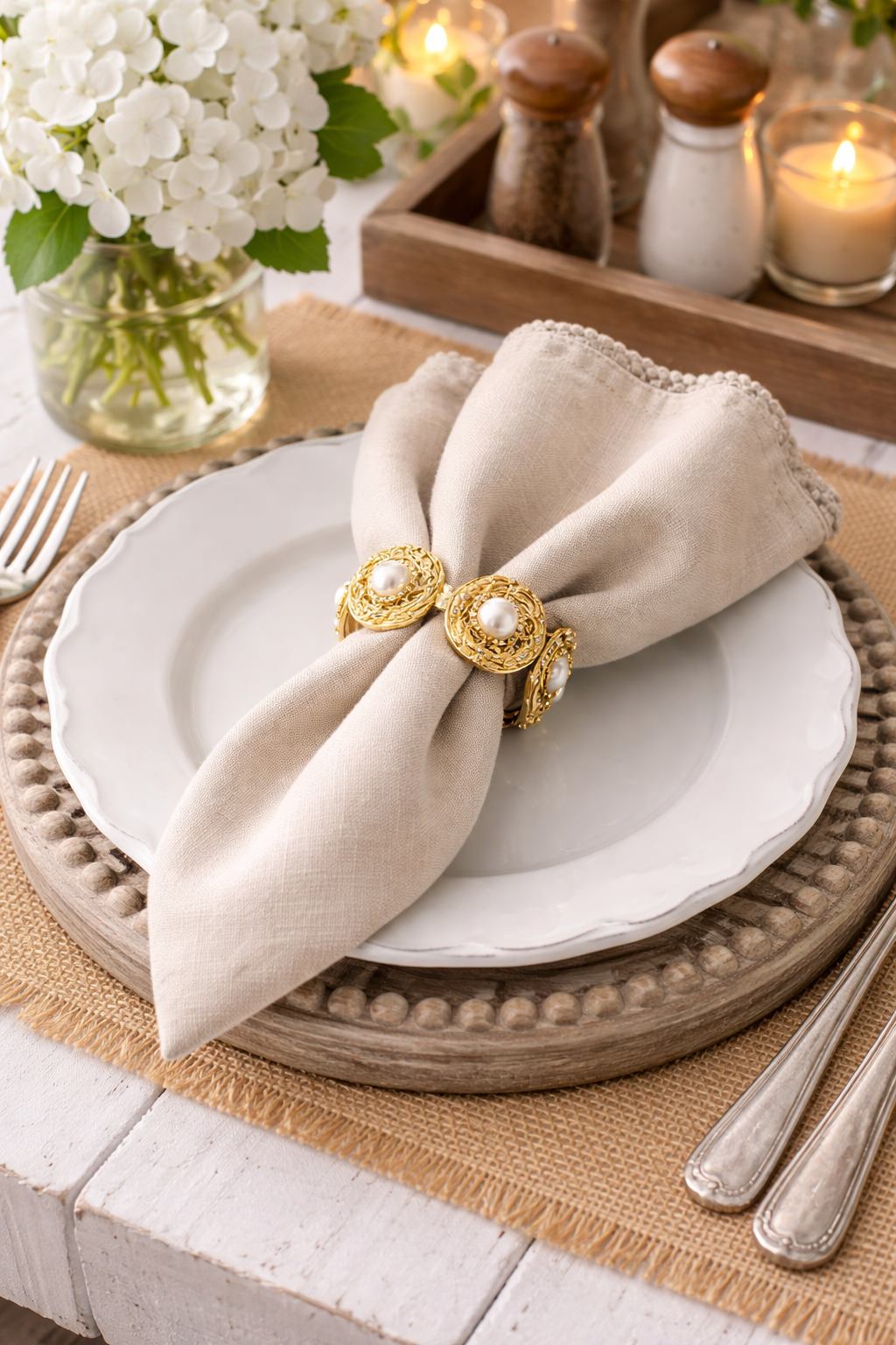 Pearl Bead Ivory Gold Napkin Ring