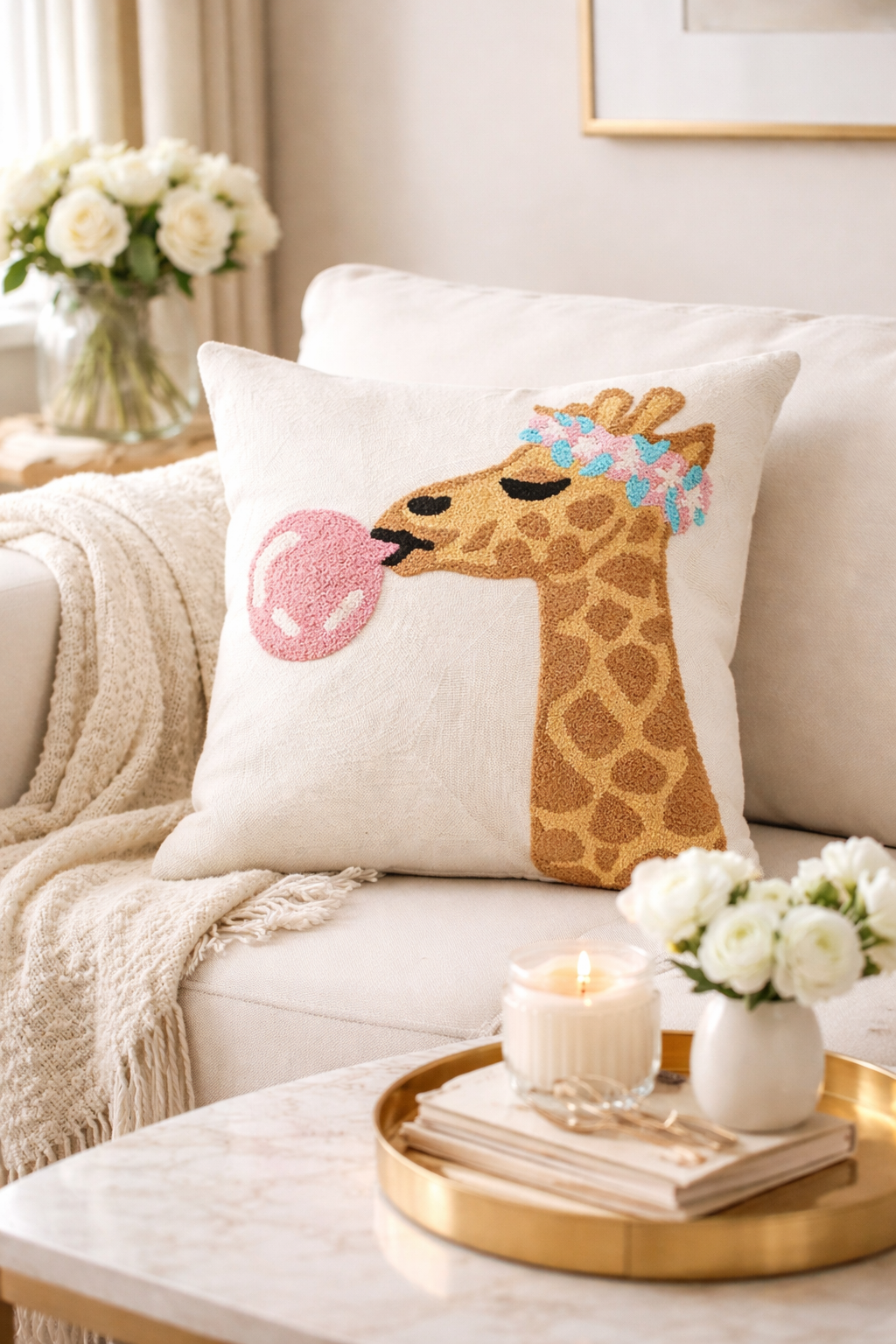 Embroidered Giraffe Cotton 17" Throw Pillow