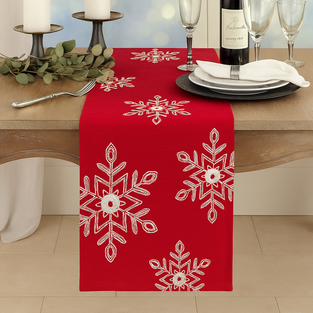 70196 - Embroidered White Snowflake Red Table Runner