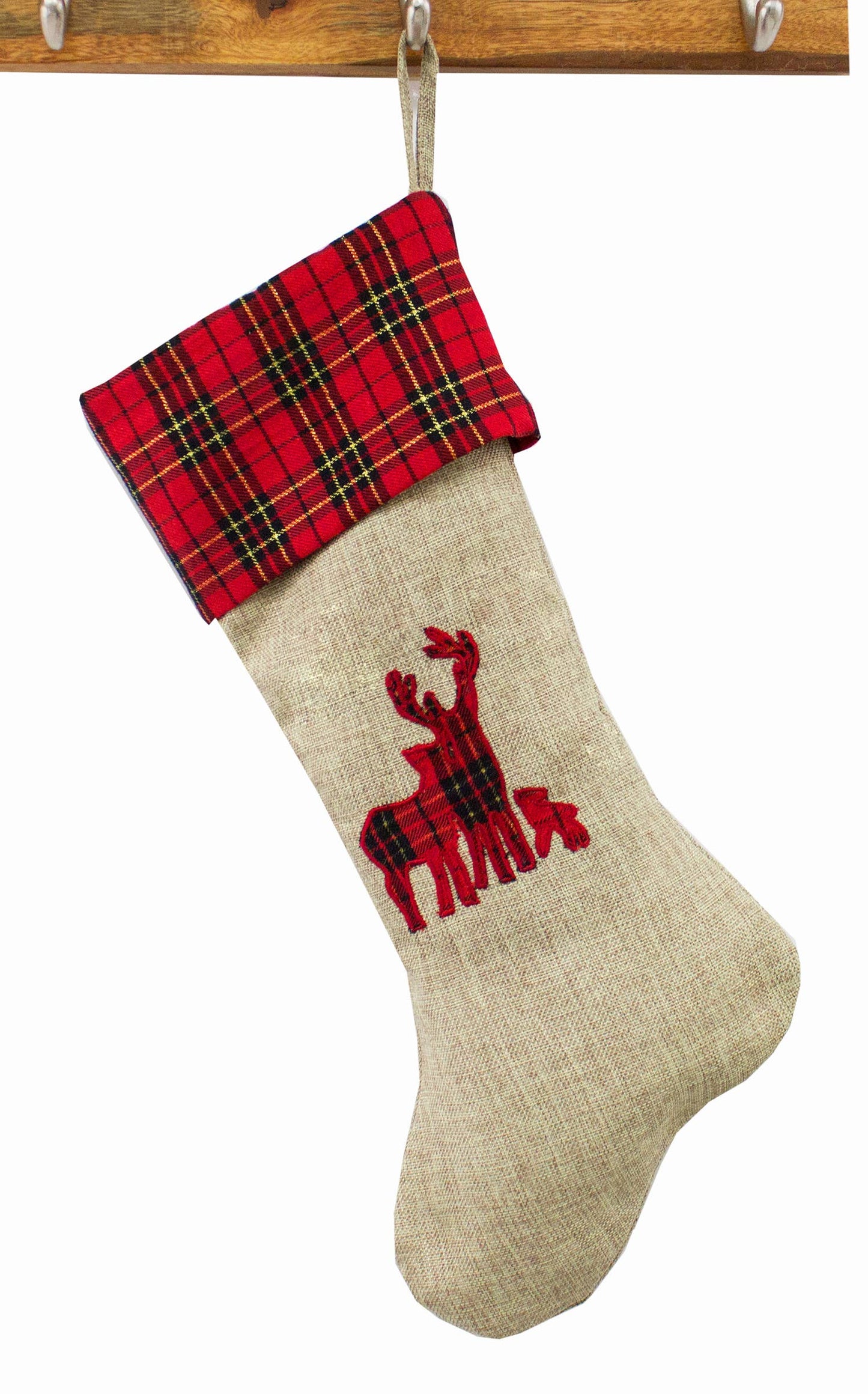 Reindeer Tartan Plaid Ruffle Cuff Christmas Stocking