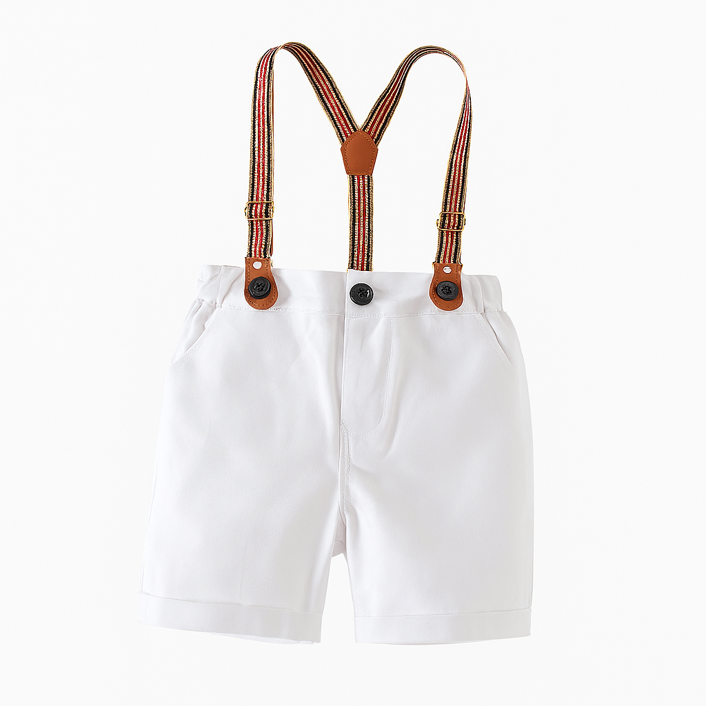 White Classic Boy Cotton Chino Shorts with Suspenders