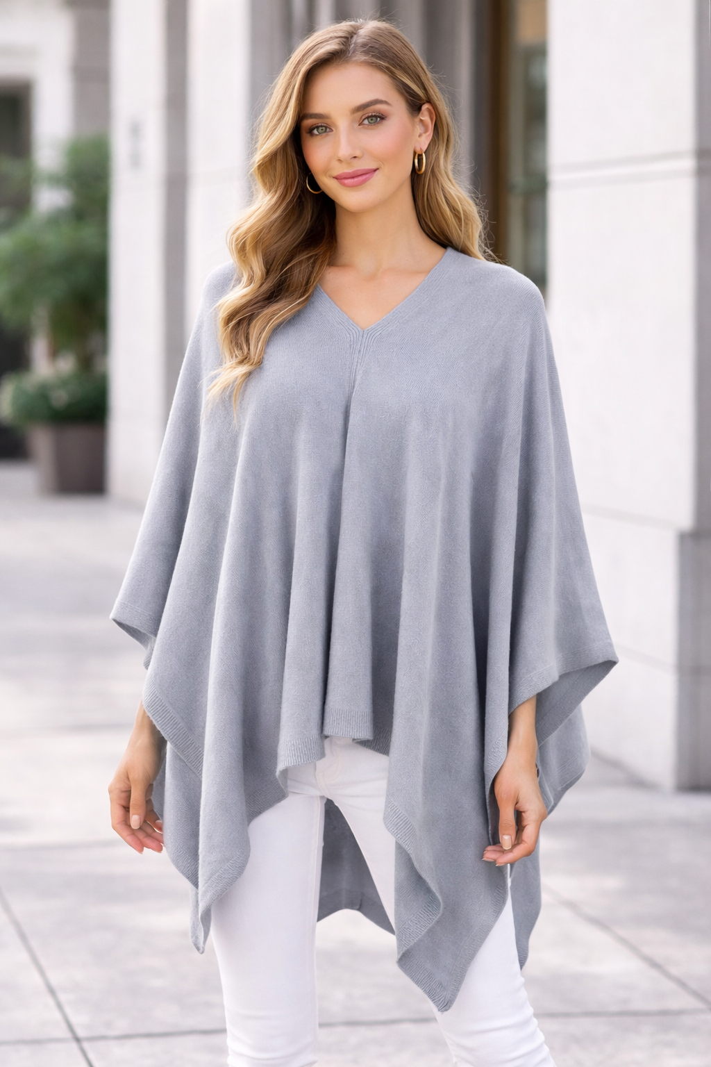 Grey Knit Solid Soft Pullover Poncho Sweater