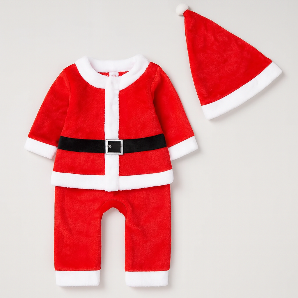 Red & White Santa Claus Fleece Baby Costume Romper and Hat