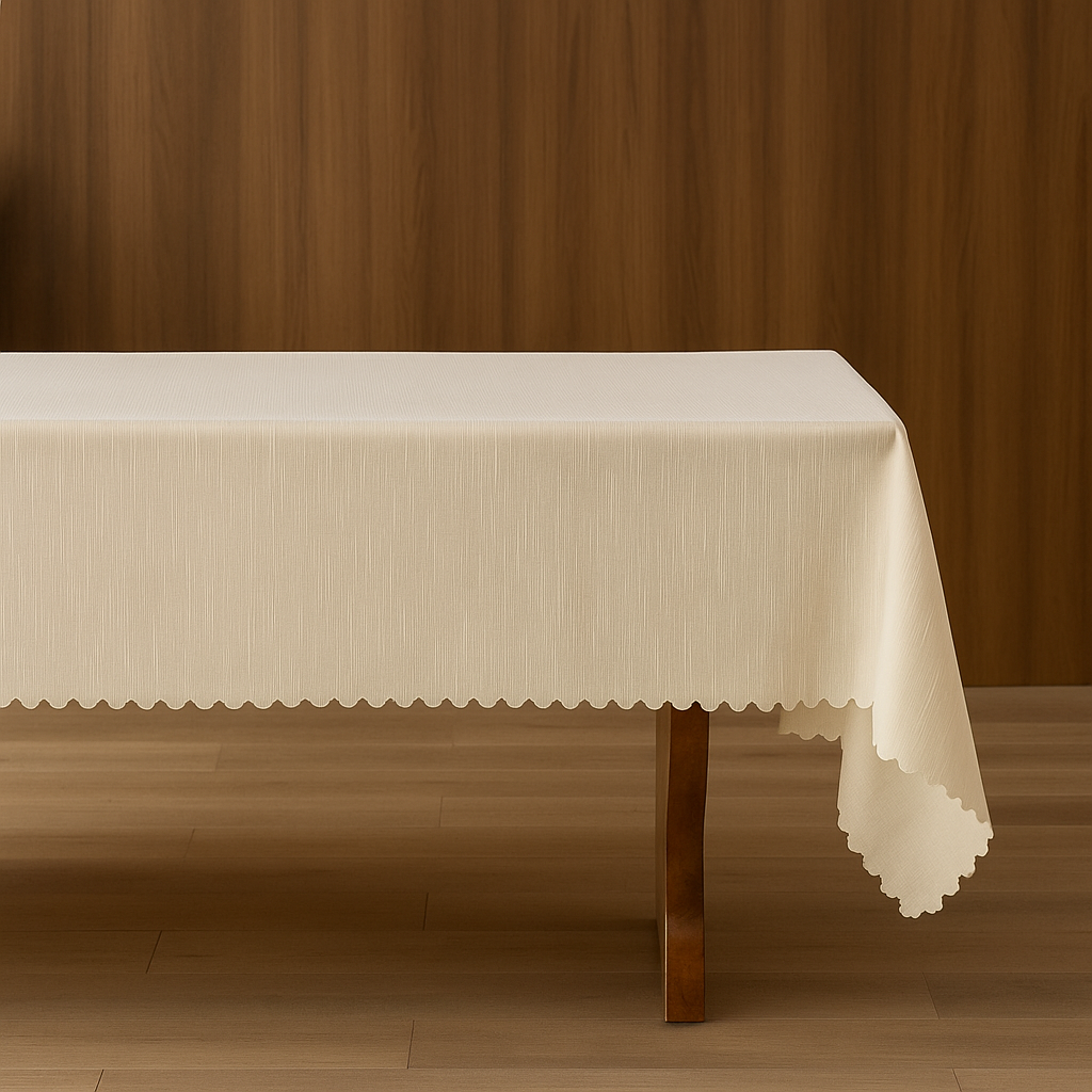 Beige Scalloped Edge Vertical Textured Striped Tablecloth