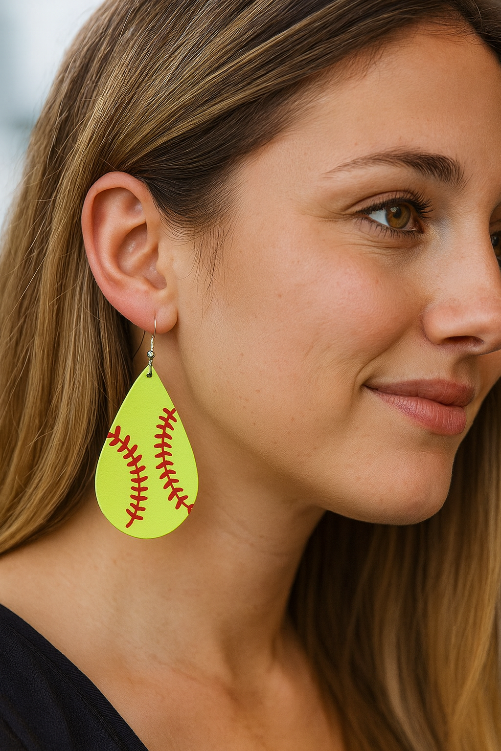 Neon Green Baseball Leather Teardrop Dangle Earrings