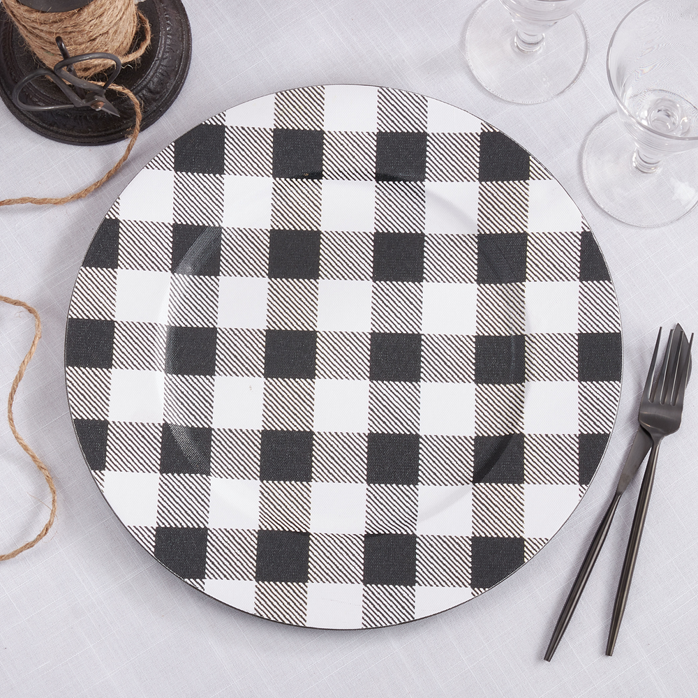 Black-White Buffalo Plaid 14" Round Charger Plate