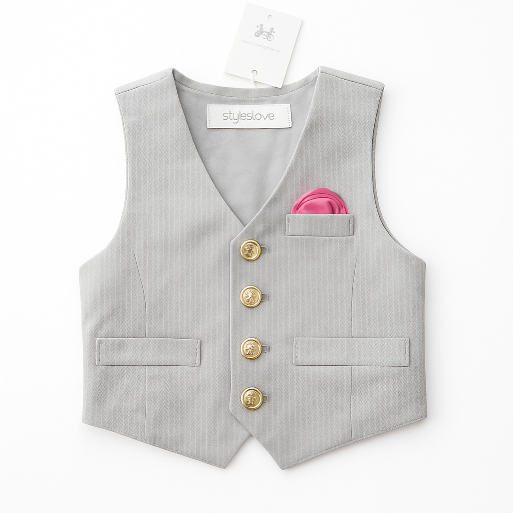 Grey Faux Tie Gold Buttons Boy Tuxedo Vest