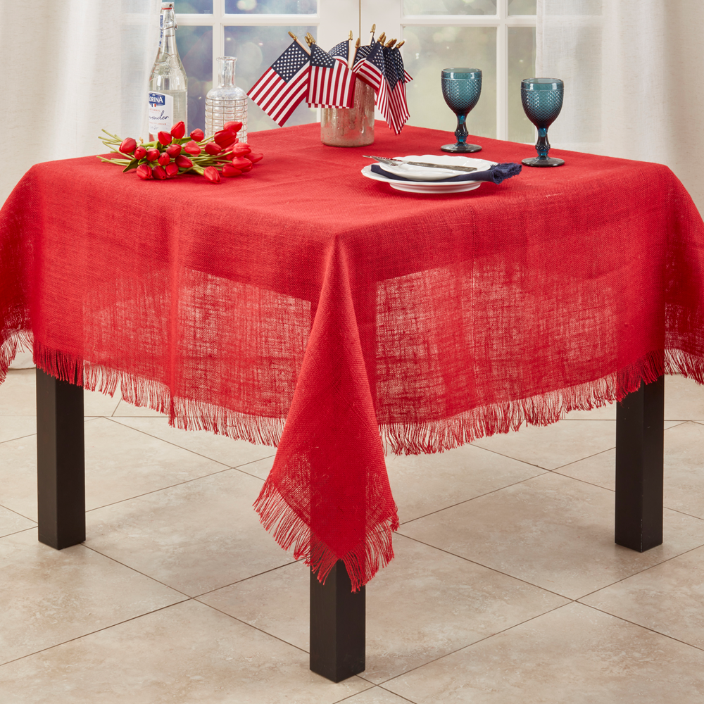 Red Fringed Jute Woven Tablecloth