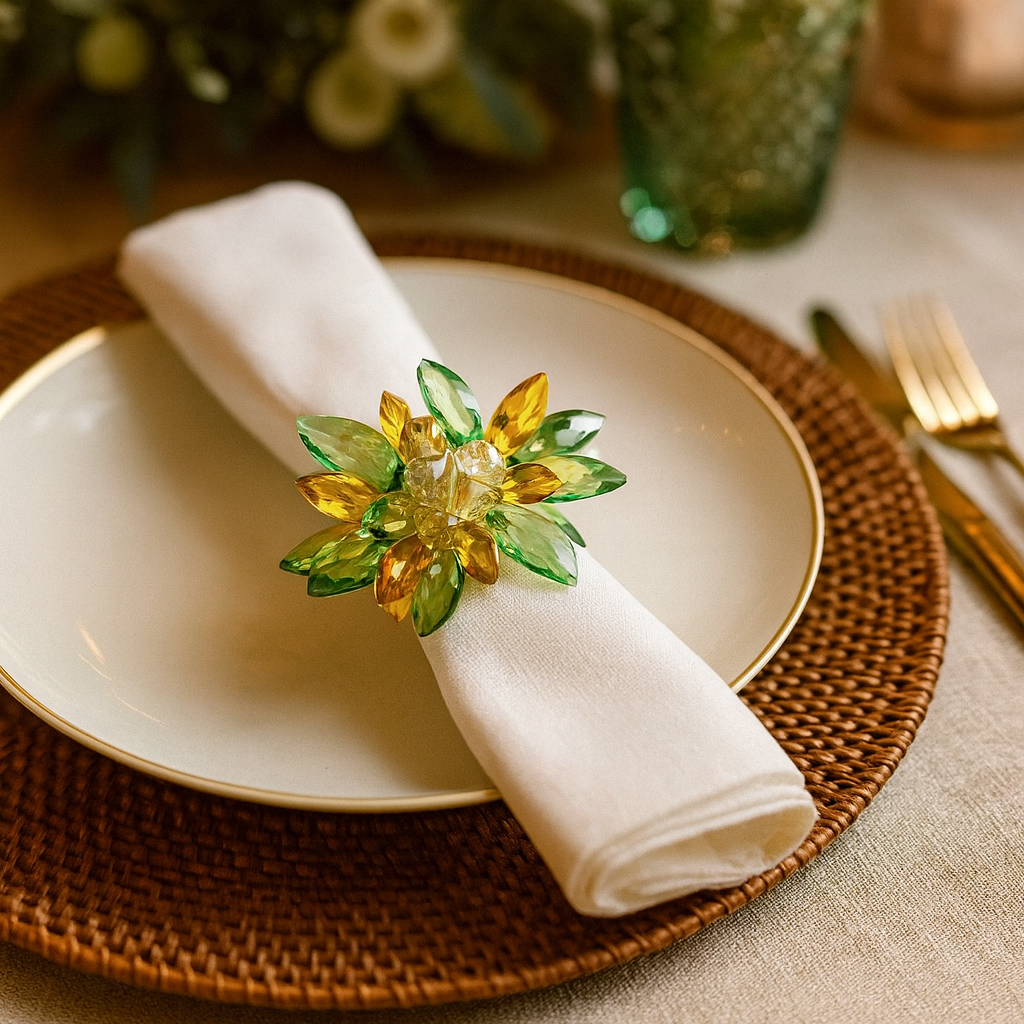 Yellow-Green Crystal Flower Design Napkin Ring
